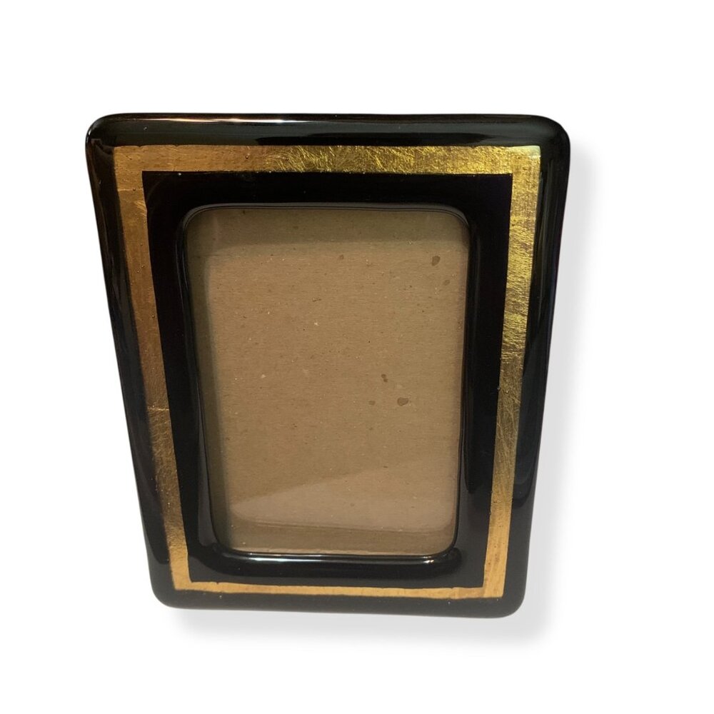 Vintage Glass Picture‎ Frame With Black & Gold Leaf Inlay For 4x6 Photos 80s